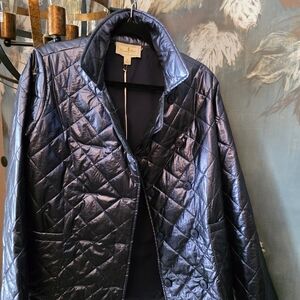 Shimmery Quilted Navy Puffer Jacket by Pleated Farm